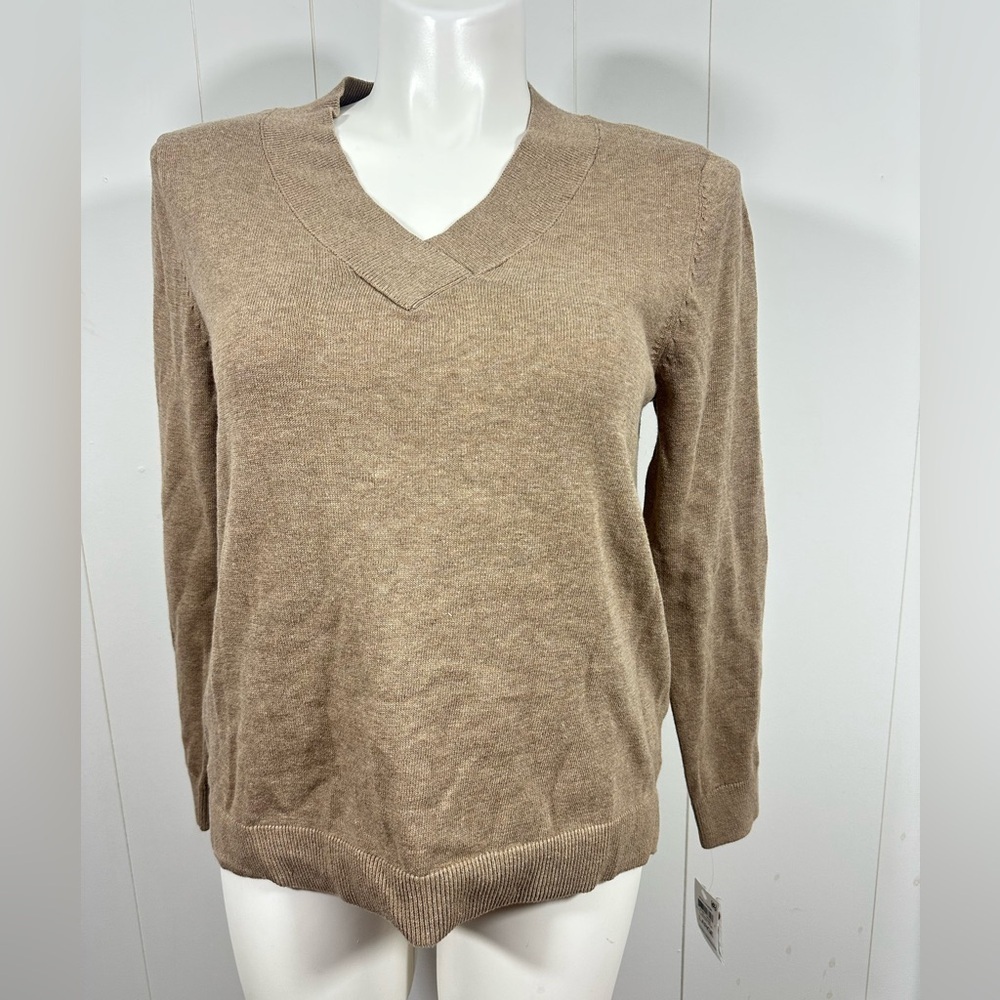 NWT Karen Scott Womens Knit Beige Taupe Sweater Sz L V-Neck Pullover Long Sleeve